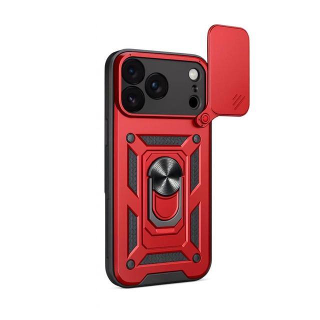Angle. Gravity Ridge - for iPhone 14 Phone Case Slide Camera Cover with Ring Stand, Heavy Duty Military Grade Shockproof Cover - Red.