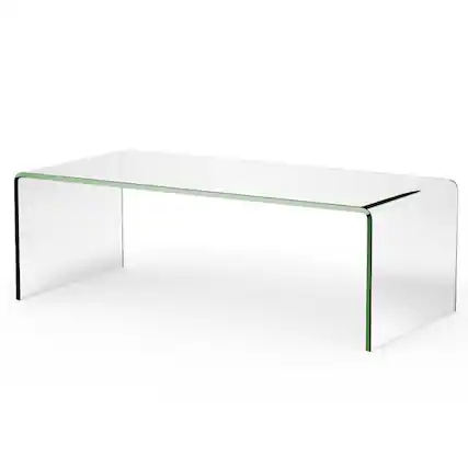Front. Pefilos - 42 x 19.7 Inch Clear Tempered Glass Coffee Table with Rounded Edges, High-Quality Tempered Glass Table, Transparent - Blue.