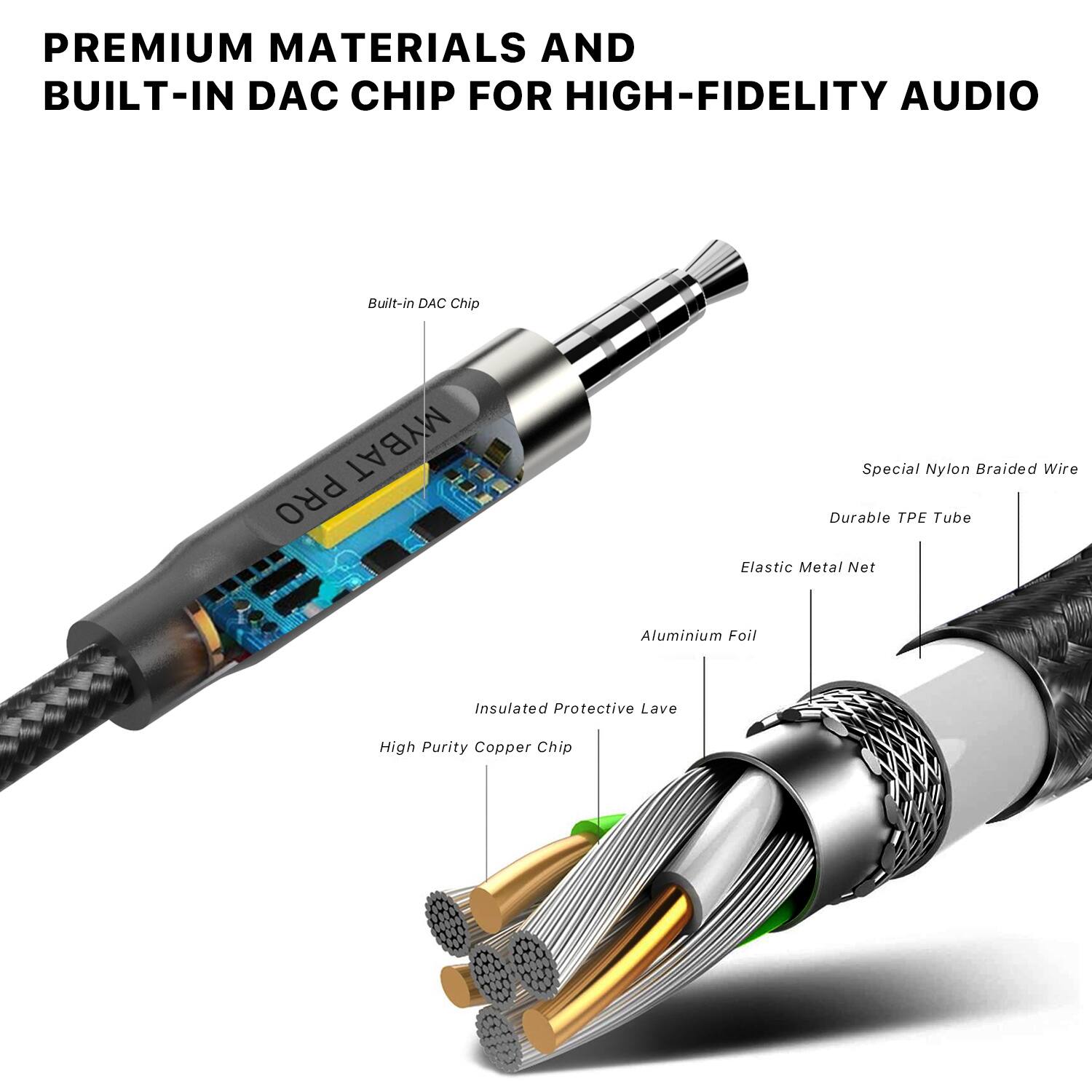 PREMIUM MATERIALS AND BUILT-IN DAC CHIP FOR HIGH-FIDELITY AUDIO

- Built-in DAC Chip
- Special Nylon Braided Wire
- Durable TPE Tube
- Elastic Metal Net
- Aluminium Foil
- Insulated Protective Lave
- High Purity Copper Chip