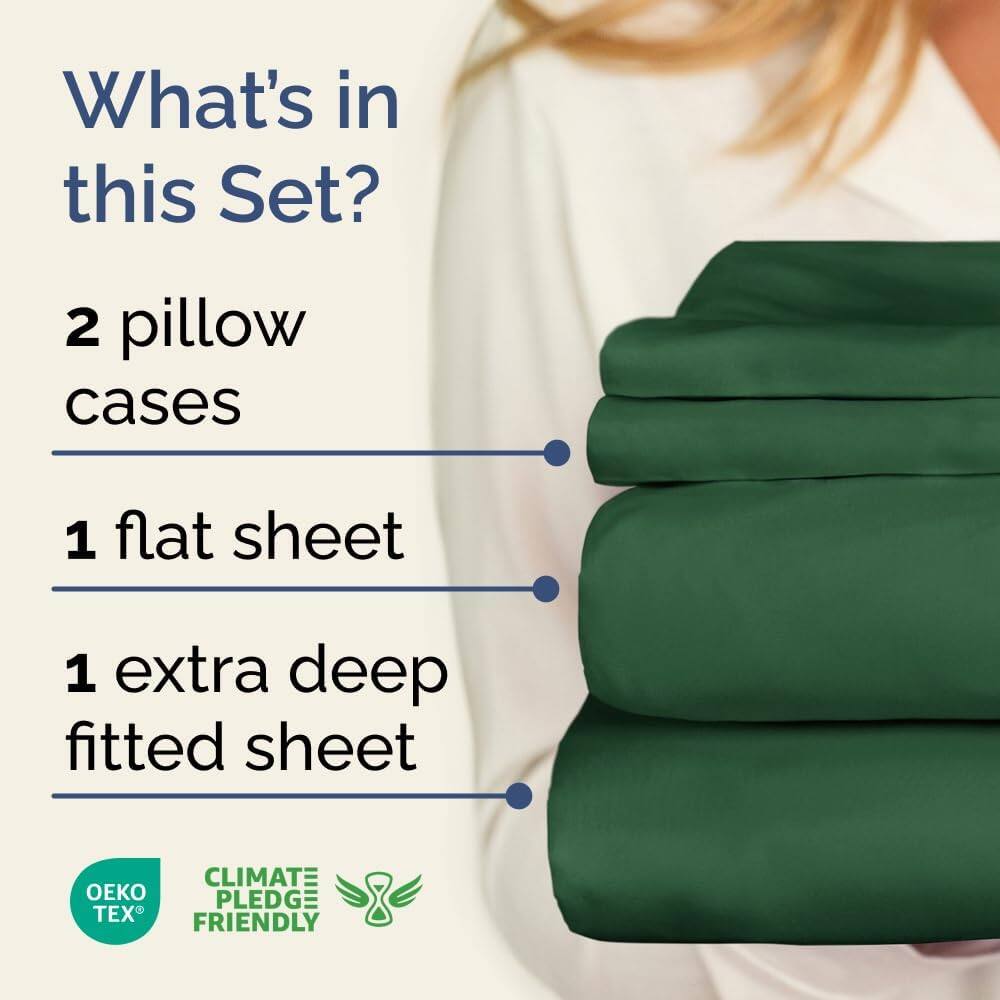 What's in this Set?

- 2 pillow cases
- 1 flat sheet
- 1 extra deep fitted sheet

CLIMATE PLEDGE FRIENDLY

OEKO TEX