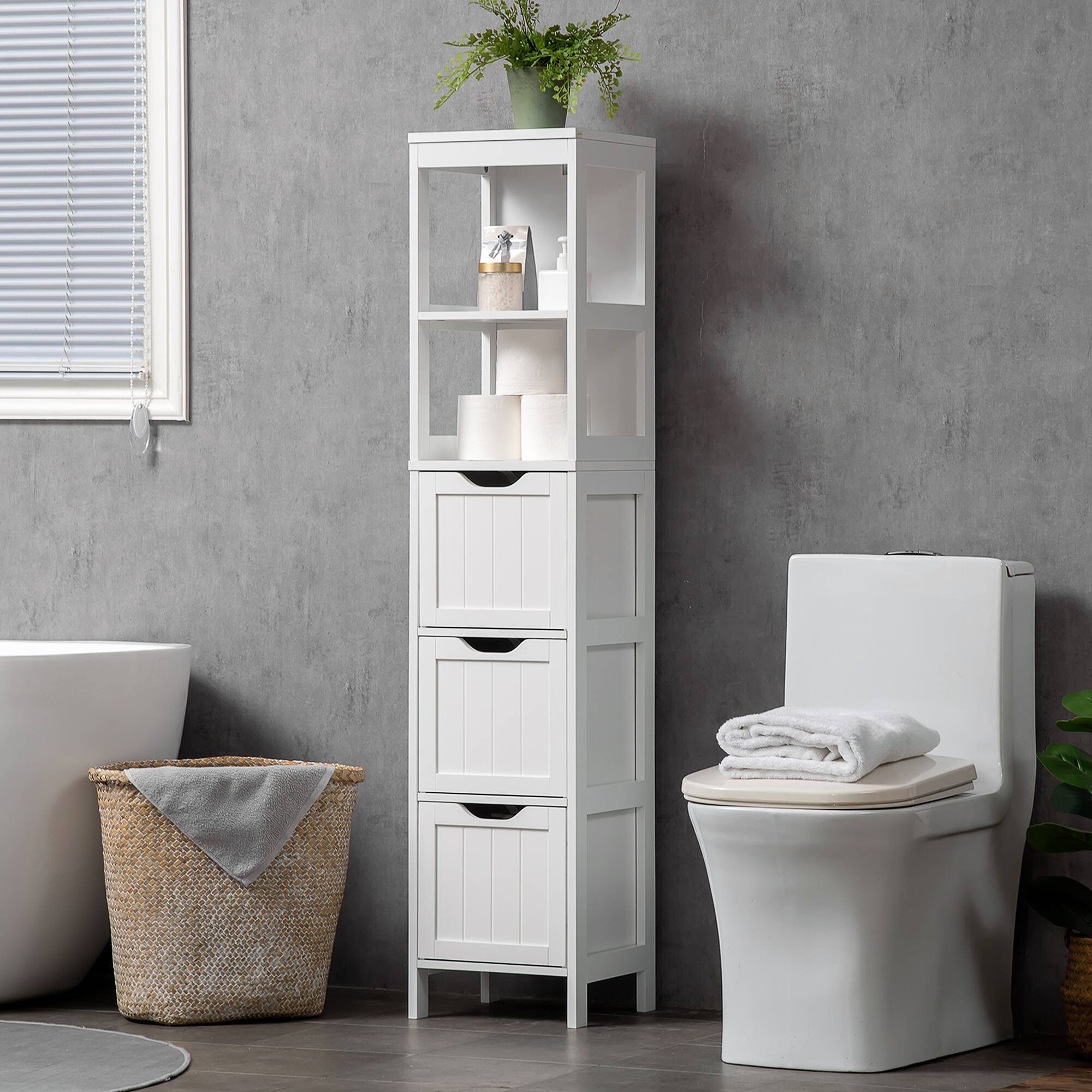 Alt View 8. Kleankin - Tall Bathroom Cabinet, Slim Bathroom Storage Cabinet, Narrow Floor Cabinet with 3 Drawers and 2 Open Shelves - White.