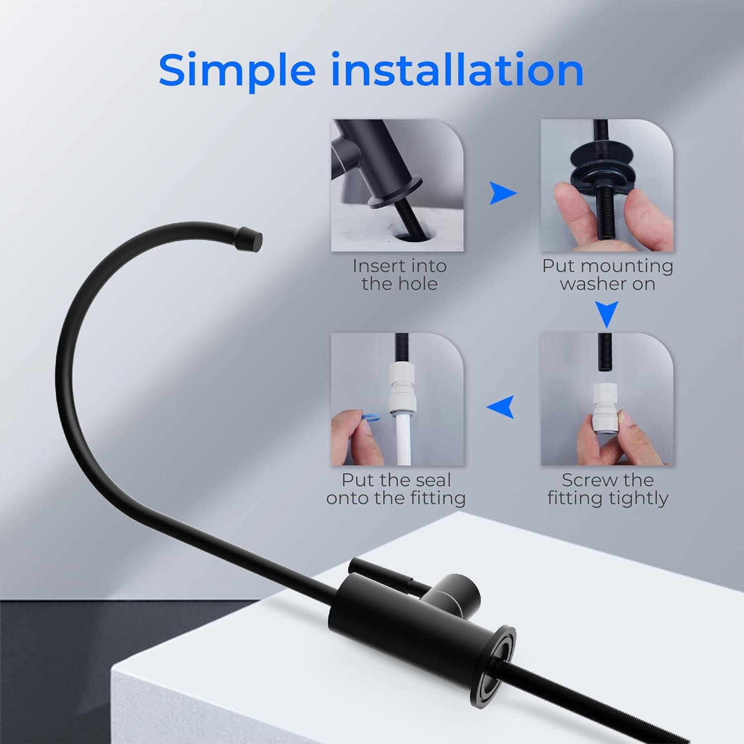 Simple installation

1. Insert into the hole
2. Put mounting washer on
3. Put the seal onto the fitting
4. Screw the fitting tightly