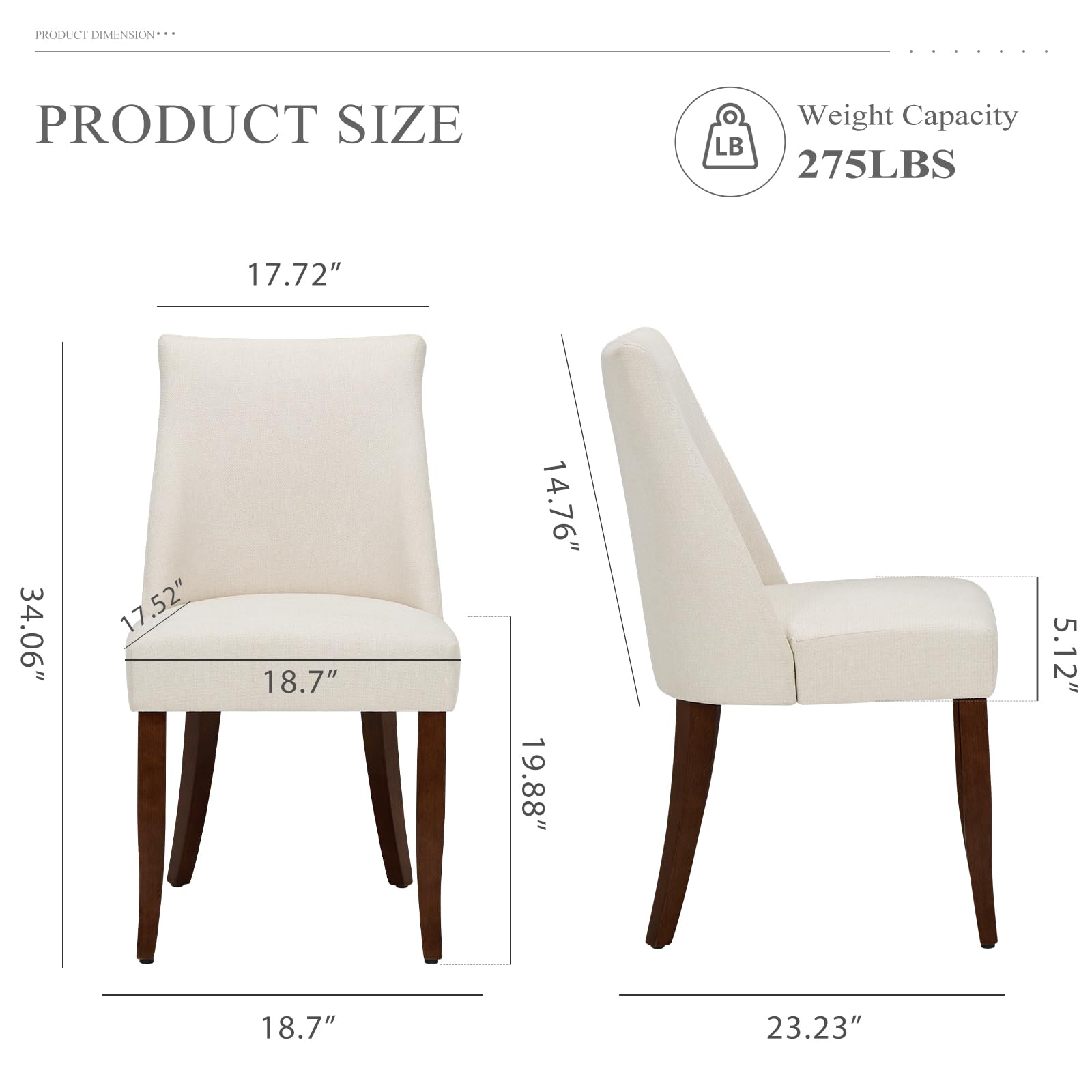 **PRODUCT SIZE**

- **Weight Capacity:** 275LBS

- **Dimensions:**
  - Height: 34.06"
  - Width: 17.72"
  - Depth: 17.52"
  - Seat Height: 18.7"
  - Seat Depth: 19.88"
  - Arm Height: 14.76"
  - Arm Width: 5.12"
  - Overall Width: 23.23"