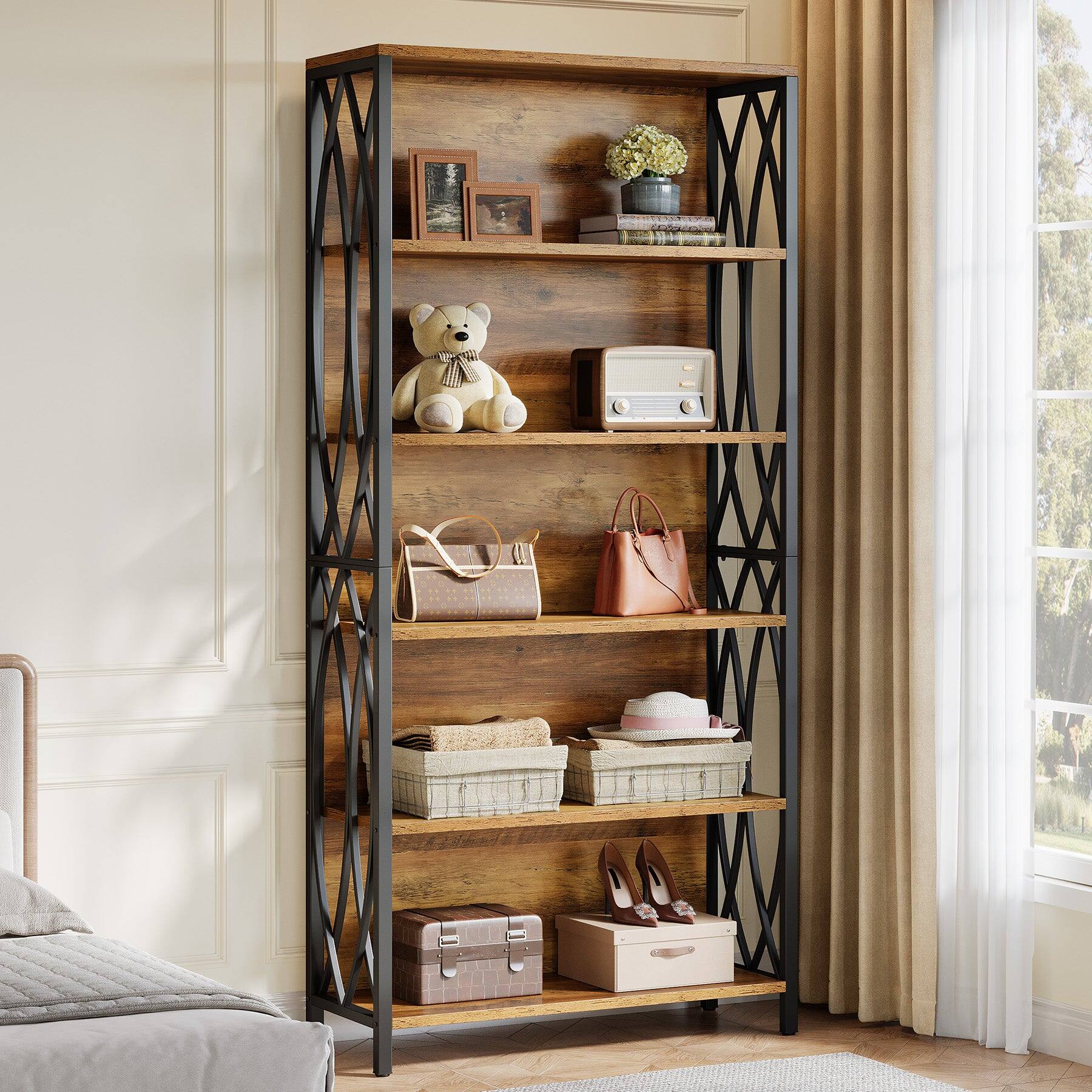 Tribesigns Industrial Bookshelf with Engineered Wood Construction and ...