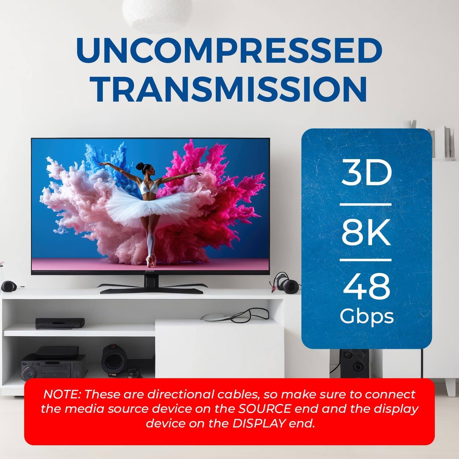 UNCOMPRESSED TRANSMISSION

3D  
8K  
48 Gbps

NOTE: These are directional cables, so make sure to connect the media source device on the SOURCE end and the display device on the DISPLAY end.
