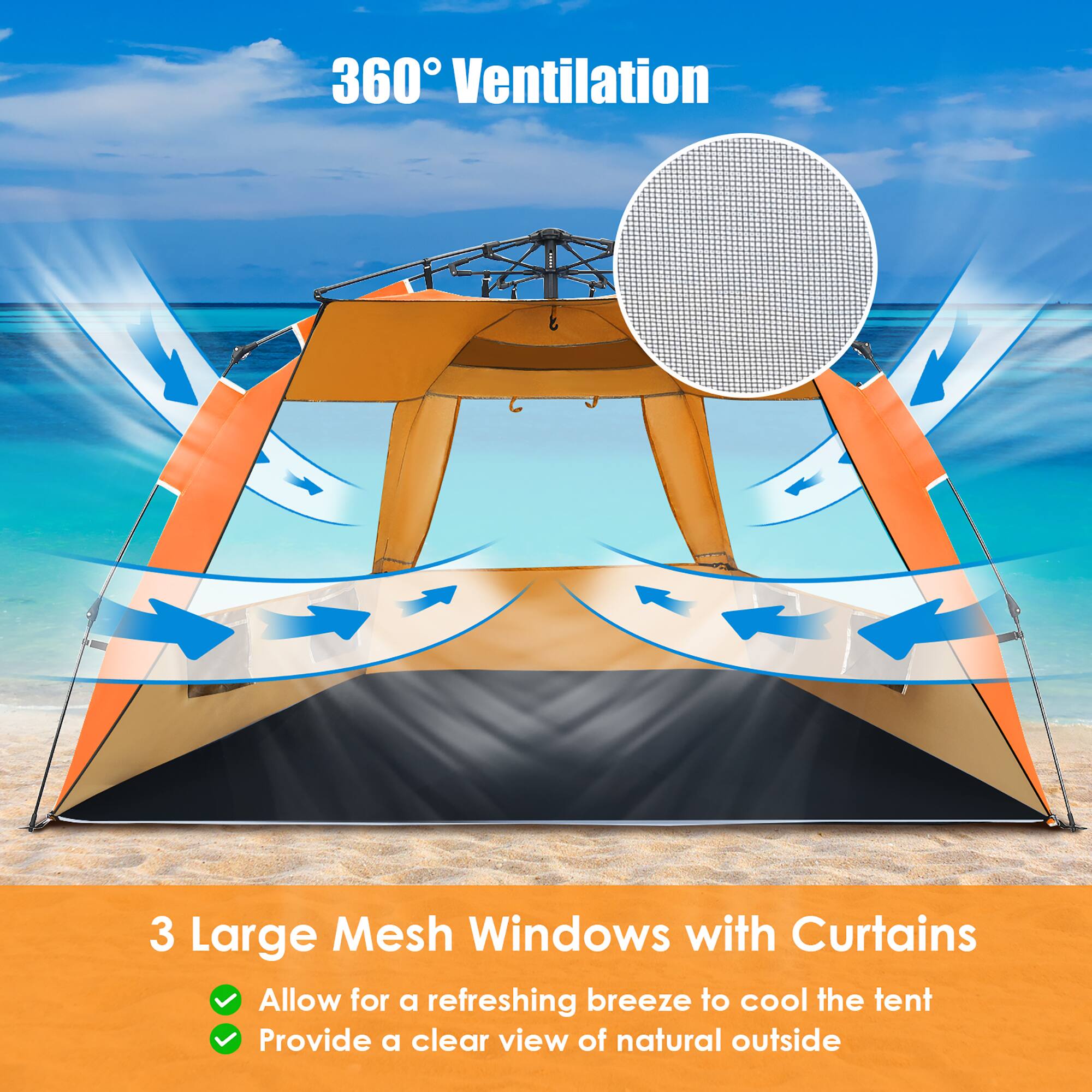 The text on the image reads: "360 Ventilation 3 Large Mesh Windows with Curtains Allow for a refreshing breeze to cool the tent Provide a clear view of natural outside."