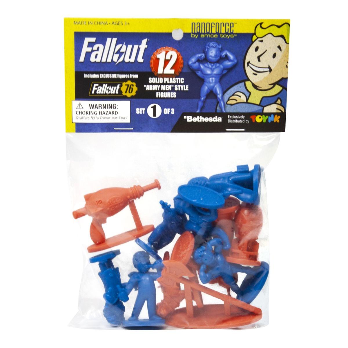 MADE IN CHINA - AGES 3+  
nanoforce by emce toys  
Fallout 12  
Includes EXCLUSIVE figures from Fallout 76 "ARMY MEN" STYLE FIGURES  
WARNING: CHOKING HAZARD - Small Parts. Not for Children Under 3 Years.  
SET 1 OF 3  
"Bethesda"  
Exclusively Distributed by TOYXP