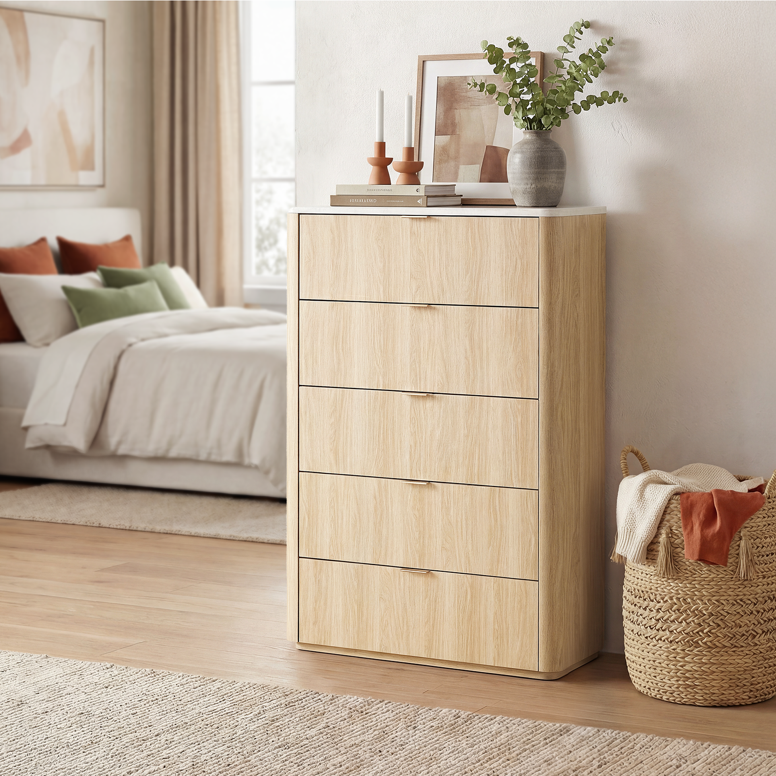 Alt View 4. ModernMate - 5 Drawers Dresser Faux Travertine 31.5" Wide Dresser Chest for Bedroom Living Room - Natural Oak.