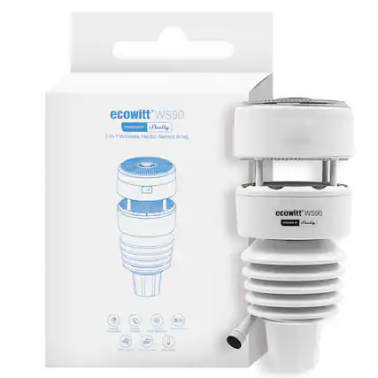 ecowitt WS90 POWERIS SF Skelly 7-in-1 Wireless Haptic Sensor Array
ecowitt' WS90 POO hally den Cubatoue Culoar LIN tnotes Sear Pessered empenature Mumdty Sotar Aatua I wine S I Cirertion -a Geage