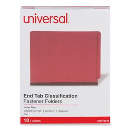Universal - Red Pressboard End Tab Classification Folders, 2" Expansion, 2 Dividers, 6 Fasteners, Letter Size, Red Exterior, 10/Box
