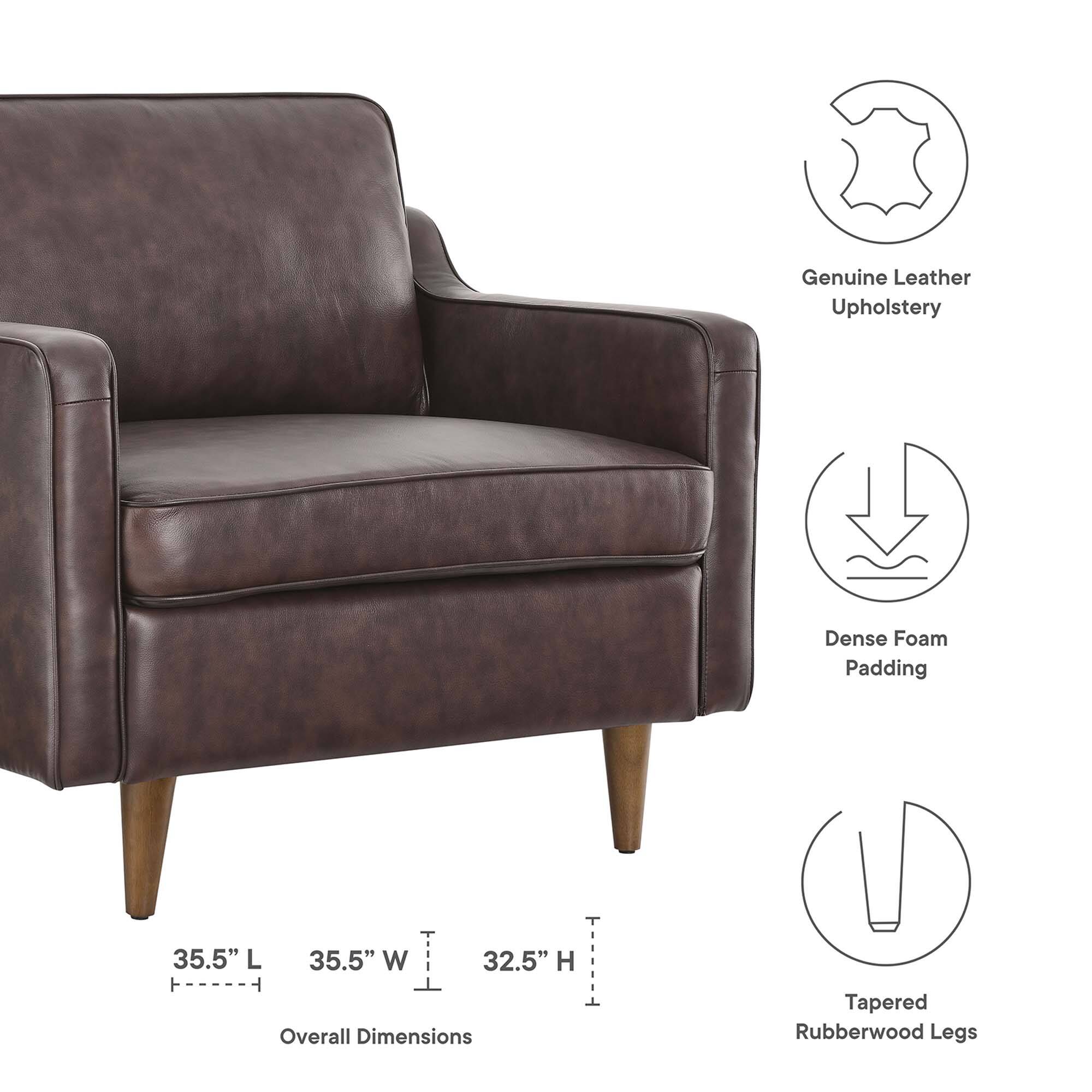 Genuine Leather Upholstery  
Dense Foam Padding  
35.5" L x 35.5" W x 32.5" H  
Overall Dimensions  
Tapered Rubberwood Legs