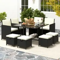 Costway 9 PCS Outdoor Dining Furniture Set Patio Conversation Set with Cushioned Seat - Black + White - Front_Zoom