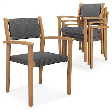 Front. Gymax - Gymax Stackable Dining Chair Set of 4 w/ Breathable Backrest Adjustable Foot Pads - Mixed Brown, Natural.