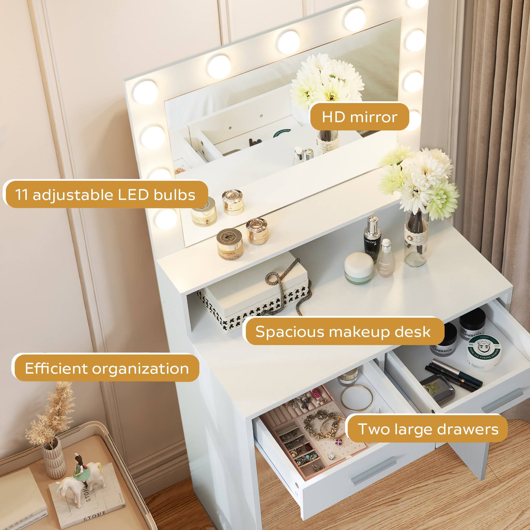 - HD mirror
- 11 adjustable LED bulbs
- Spacious makeup desk
- Efficient organization
- Two large drawers