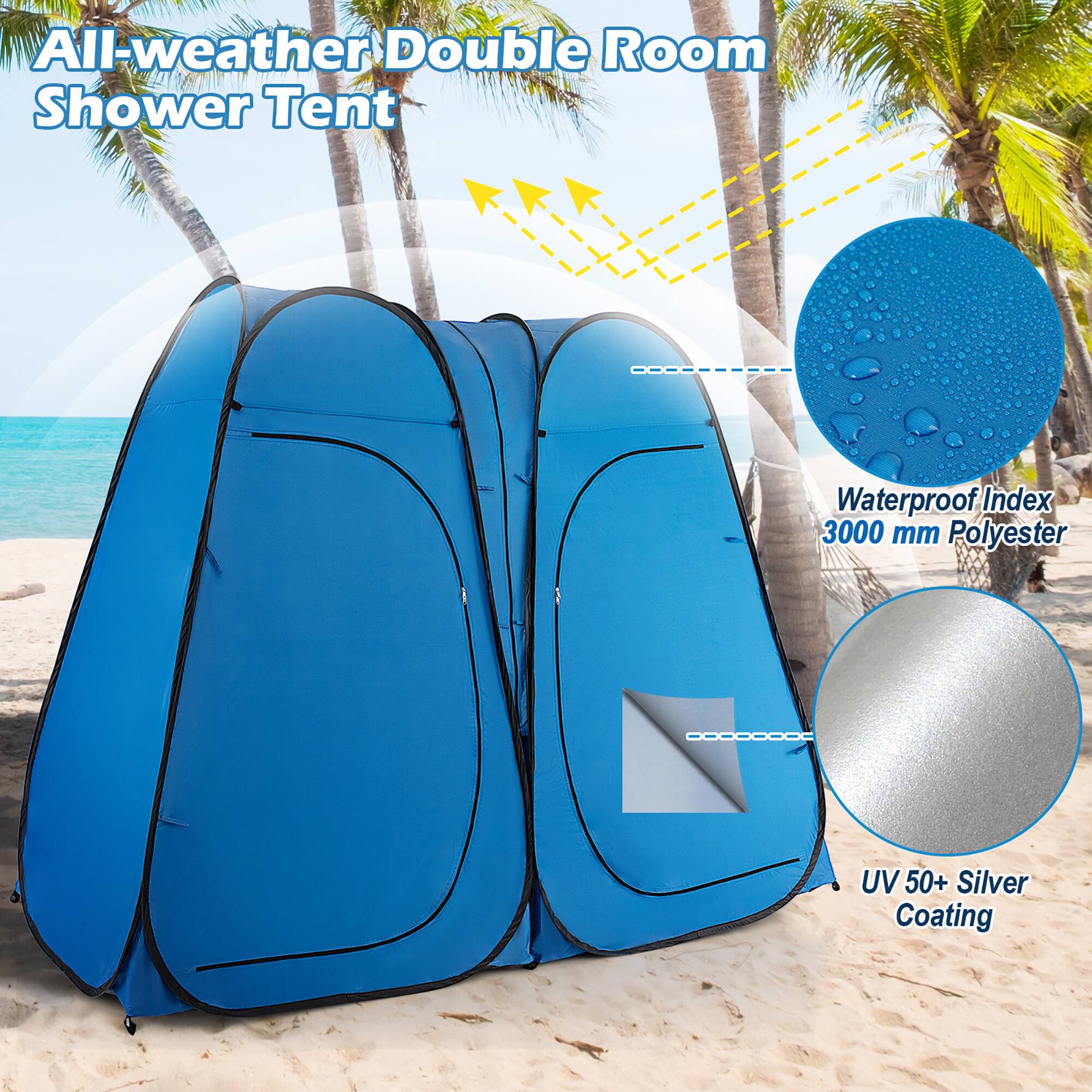 All-weather Double Room Shower Tent

Waterproof Index 3000 mm Polyester

UV 50+ Silver Coating