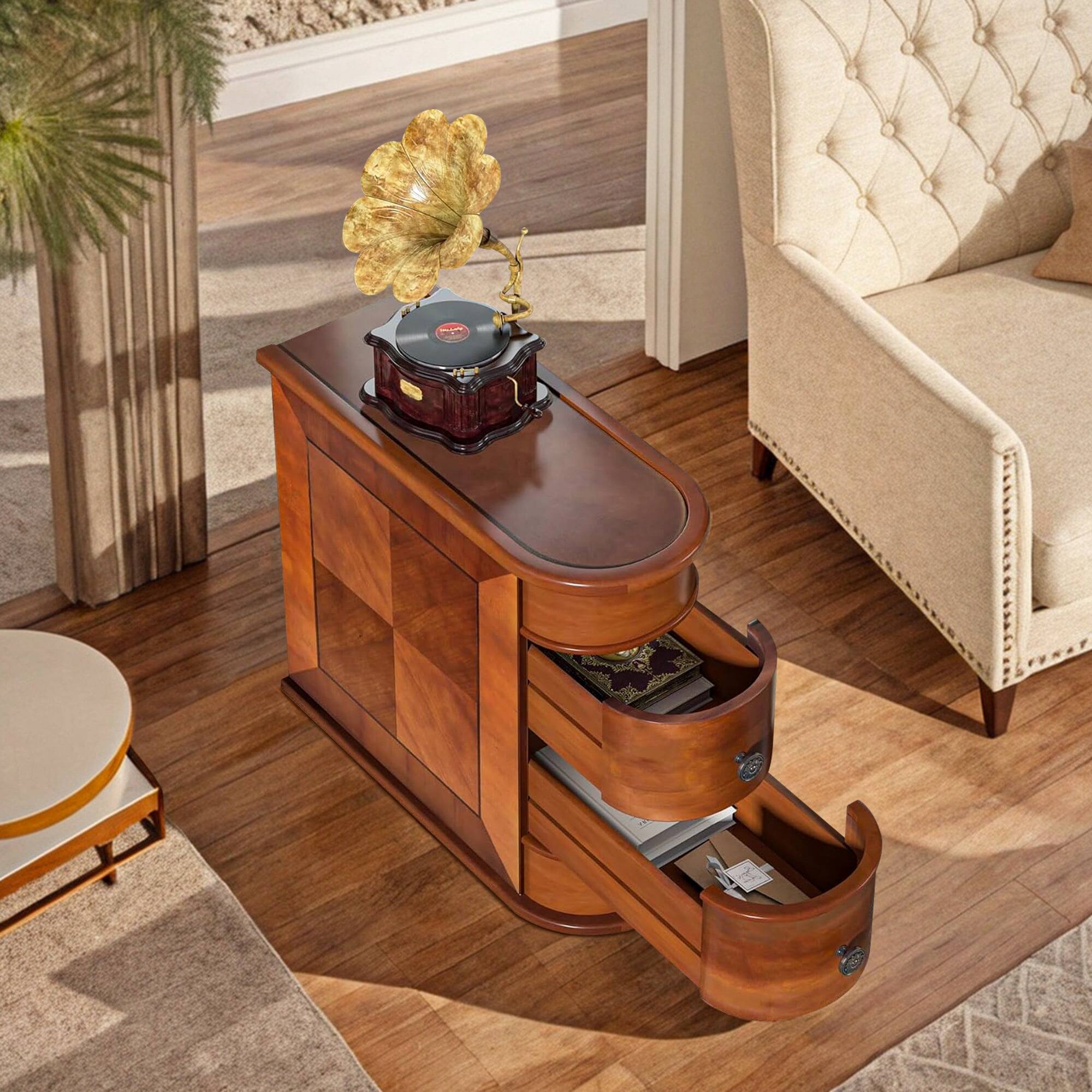 Left. Kadyn - Kadyn Wood End Table with 2 Drawers, No Assembly Required Vintage Slim Nightstand Bedside Table for Bedroom - Oak.