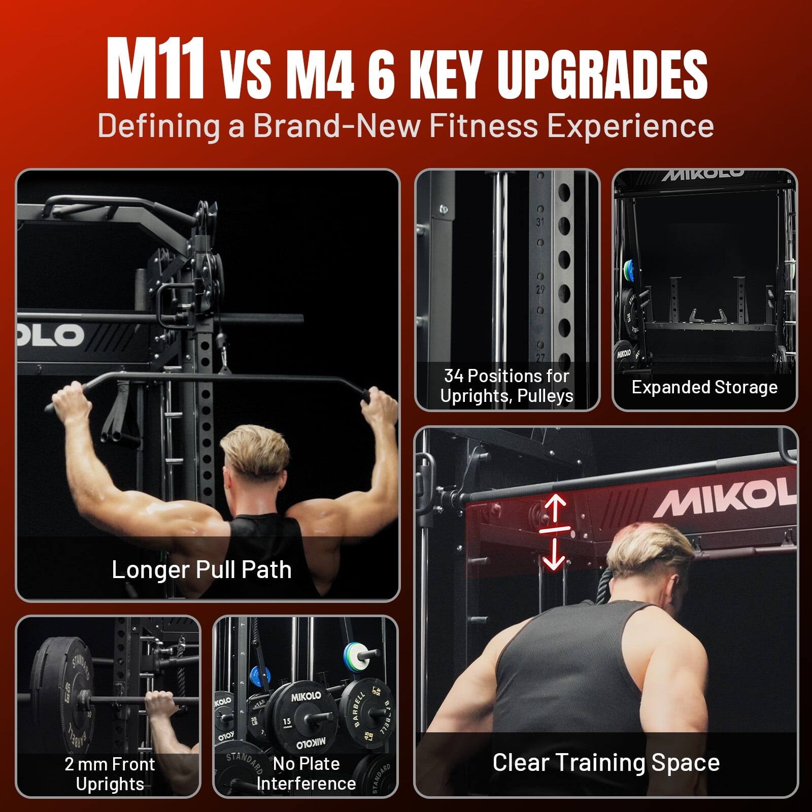 M11 VS M4 6 KEY UPGRADES  
Defining a Brand-New Fitness Experience  

- 34 Positions for Uprights, Pulleys  
- Expanded Storage  
- Longer Pull Path  
- 2 mm Front Uprights  
- No Plate Interference  
- Clear Training Space