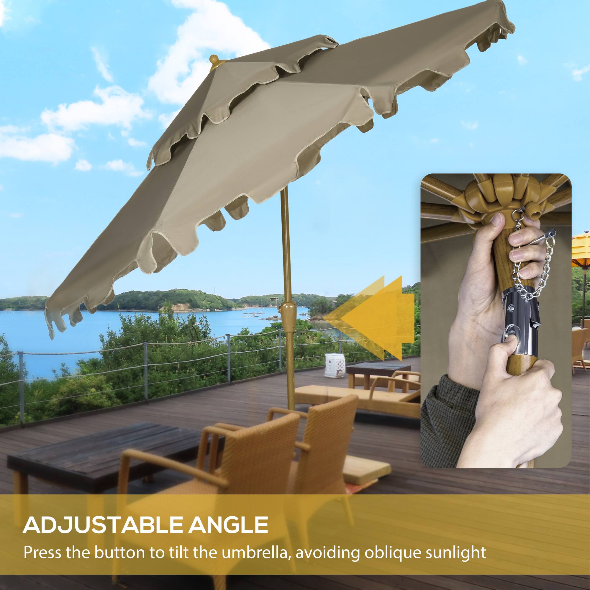 ADJUSTABLE ANGLE  
Press the button to tilt the umbrella, avoiding oblique sunlight