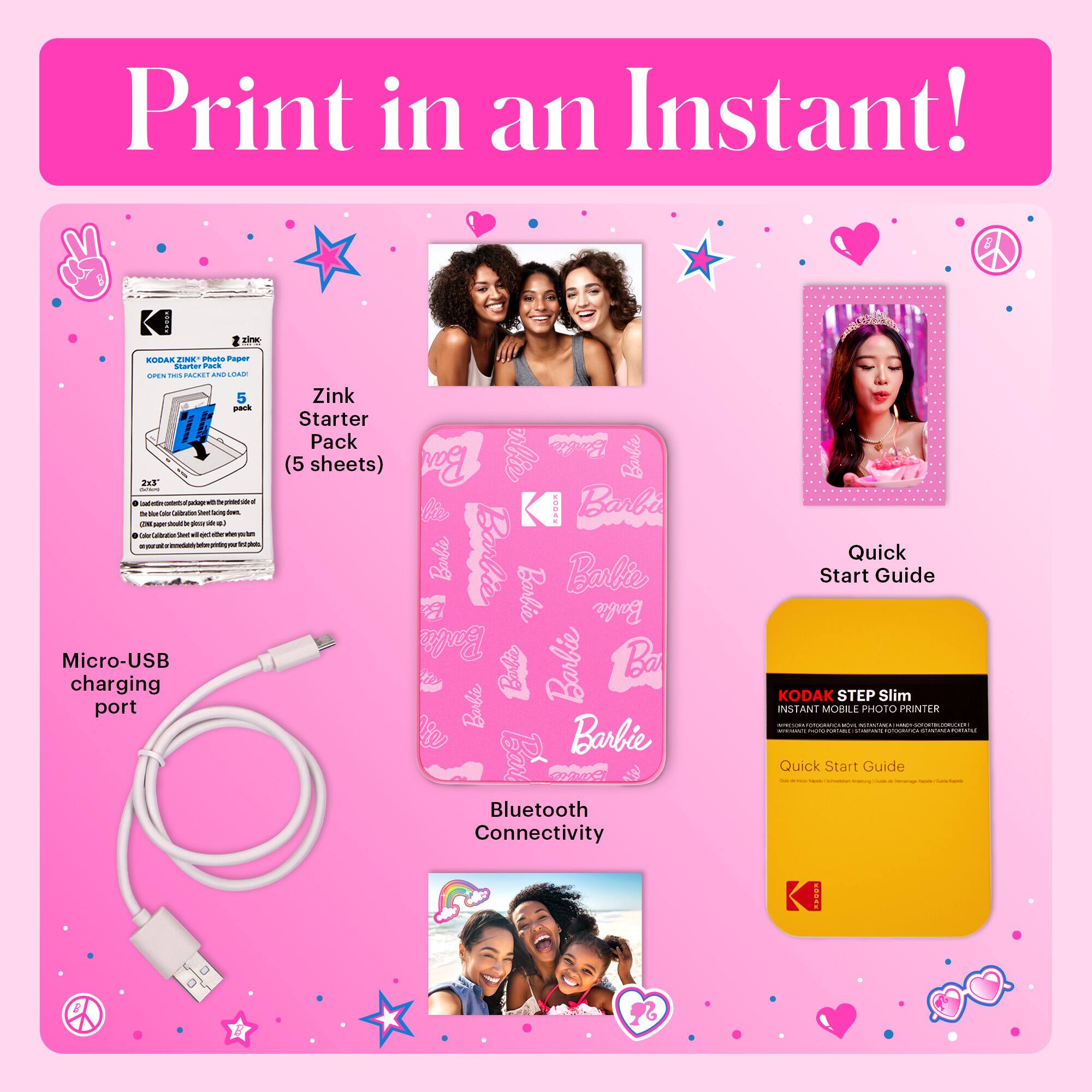 Print in an Instant!

1. Kodak Zink Starter Pack (5 sheets)
2. Micro-USB charging cable
3. Quick Start Guide
4. Kodak Step Slim Instant Mobile Photo Printer
5. Bluetooth Connectivity