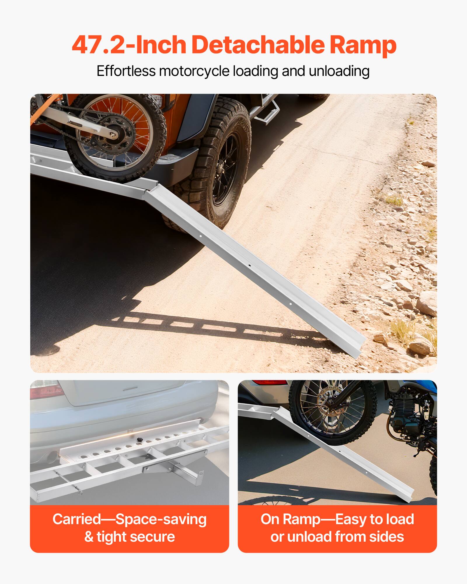 47.2-Inch Detachable Ramp  
Effortless motorcycle loading and unloading  

Carried—Space-saving & tight secure  

On Ramp—Easy to load or unload from sides