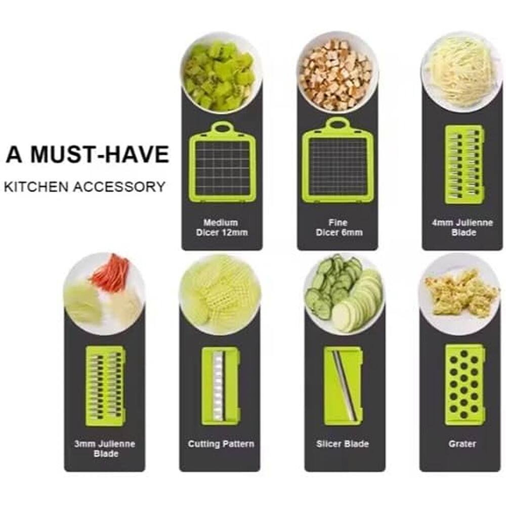 A MUST-HAVE KITCHEN ACCESSORY

- Medium Dicer 12mm
- Fine Dicer 6mm
- 4mm Julienne Blade
- 3mm Julienne Blade
- Cutting Pattern
- Slicer Blade
- Grater
