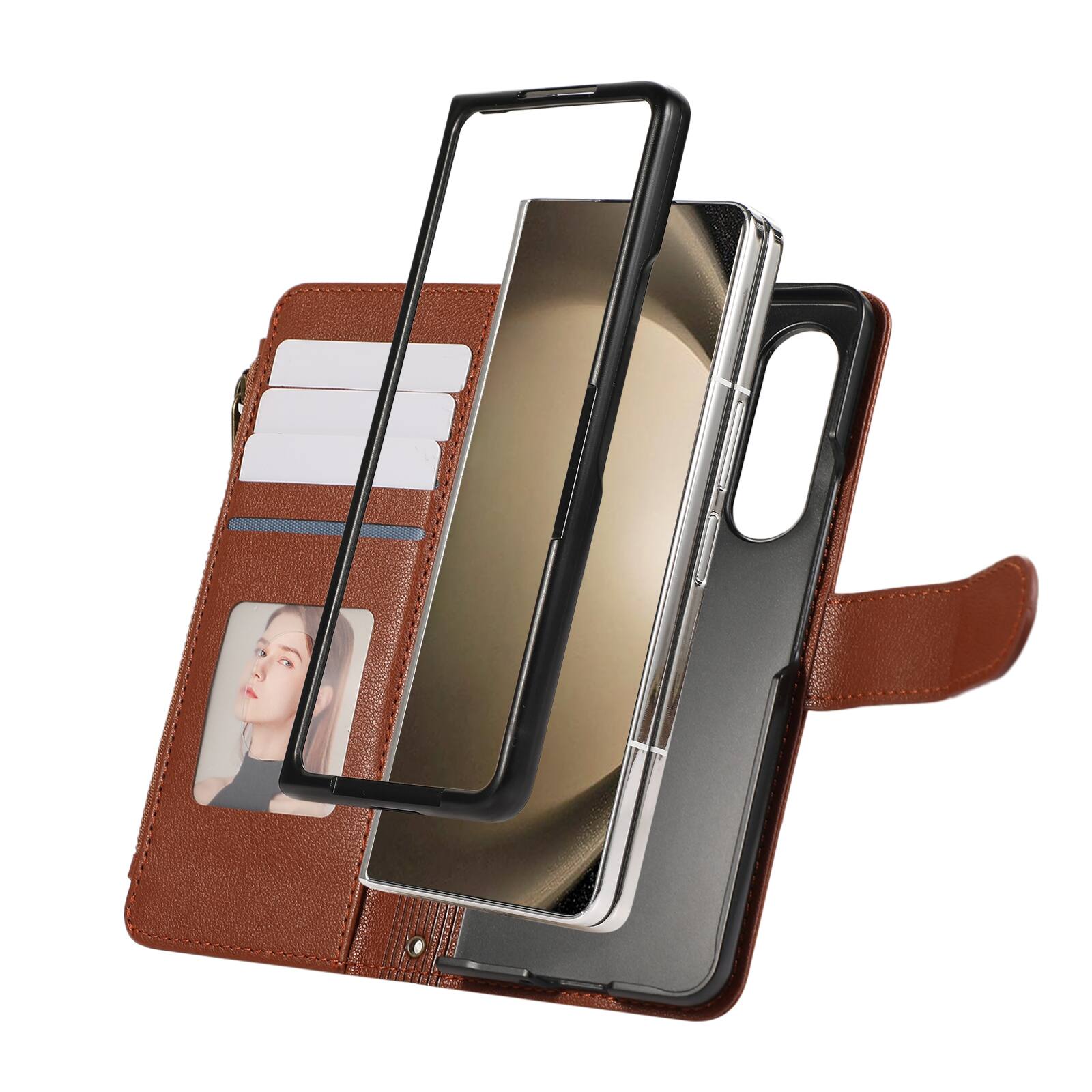 Angle. Dteck - Crossbody Wallet Case for Samsung Galaxy Z Fold7 with Zipper Pocket, Premium Shockproof PU Leather TPU Protective Cover - Brown.