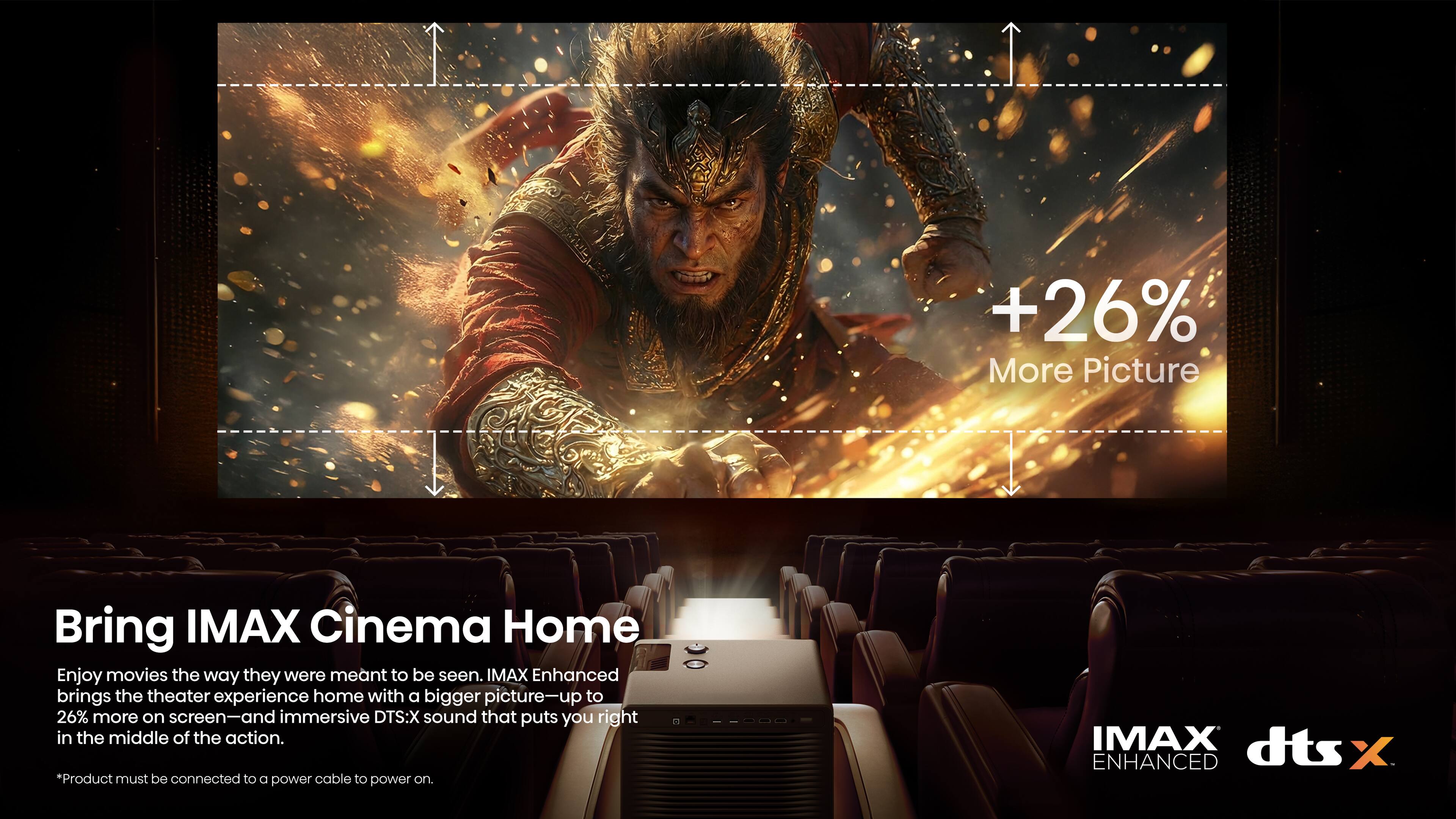 Bring IMAX Cinema Home

Enjoy movies the way they were meant to be seen. IMAX Enhanced brings the theater experience home with a bigger picture—up to 26% more on screen—and immersive DTS:X sound that puts you right in the middle of the action.

*Product must be connected to a power cable to power on.

+26% More Picture

IMAX ENHANCED dts X