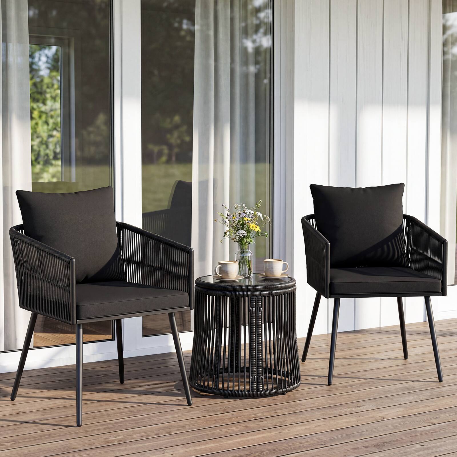 Alt View 1. Gymax - Gymax 3PCS Outdoor Furniture Set Patio Wicker Chairs & Round Side Table Set w/Cushions - Black.