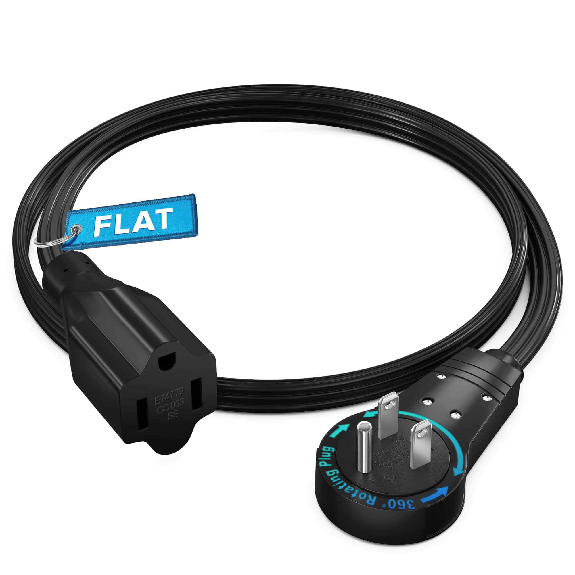 Maximm - 360° Rotating Flat Plug Extension Cord 1 feet Flat Cord Under Carpet with Slim Space-Saving Plug Design - Black
