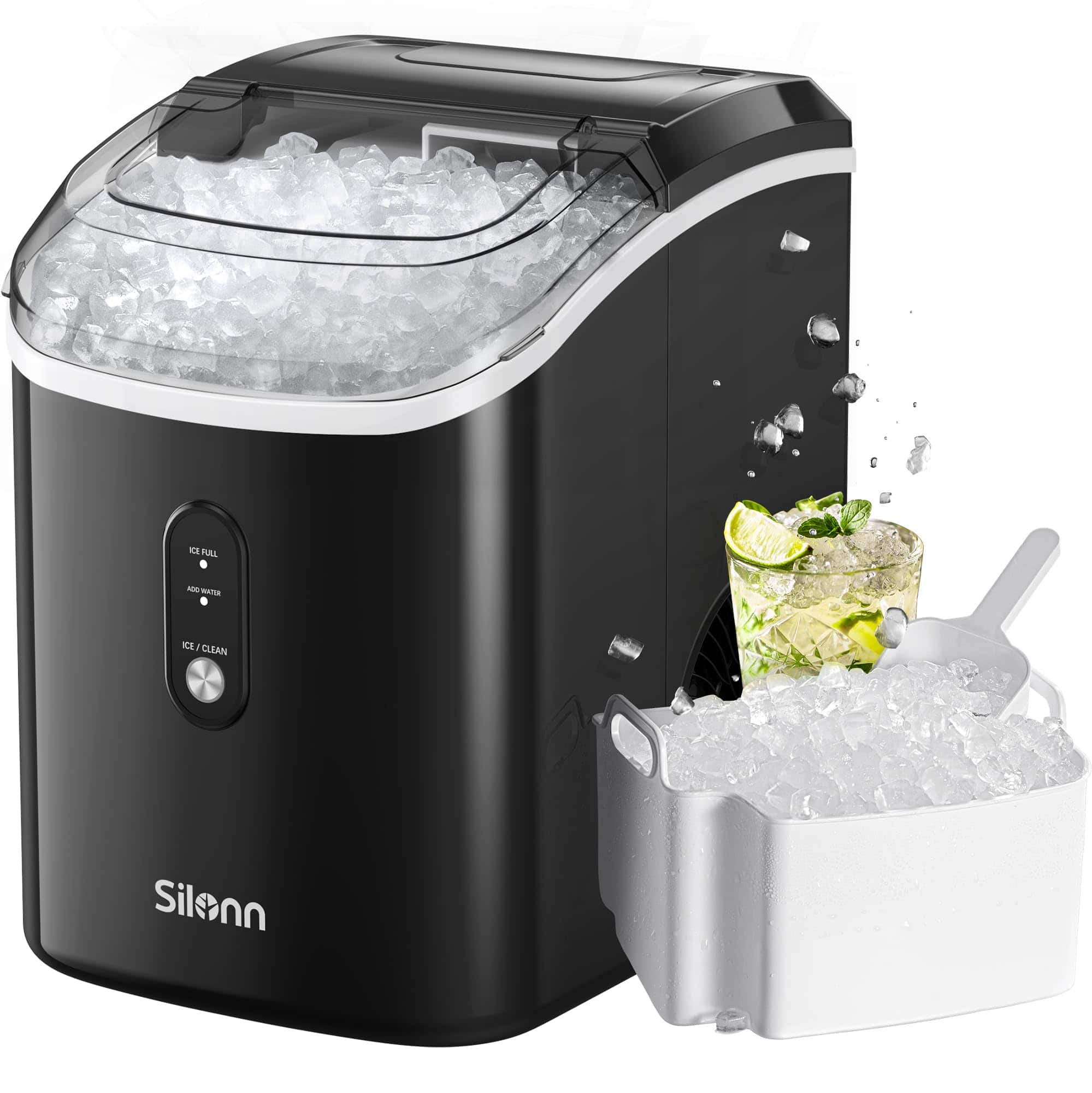Silonn - Countertop/Portable 33lb Nugget Ice Maker, Chewable Ice Machine with Cooler Bag, Self-Cleaning Quiet Operation - Gray