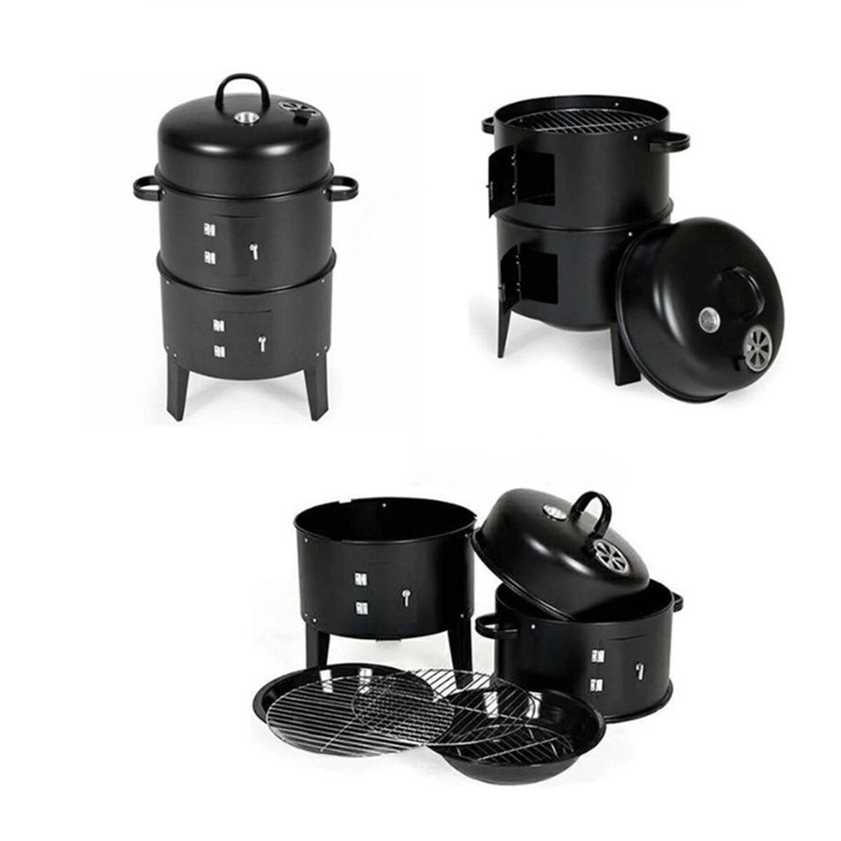 Left. MOOSOO - Outdoor Double-Layer Grill, Charcoal Wood Fired Braising and Smoking Stove - Black.