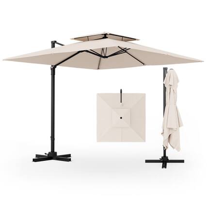 Front. Kadyn - 9.5 Feet Cantilever Patio Umbrella with 360° Rotation and Double Top-Beige, Patio Offset Umbrella with Tilt Adjustment.
