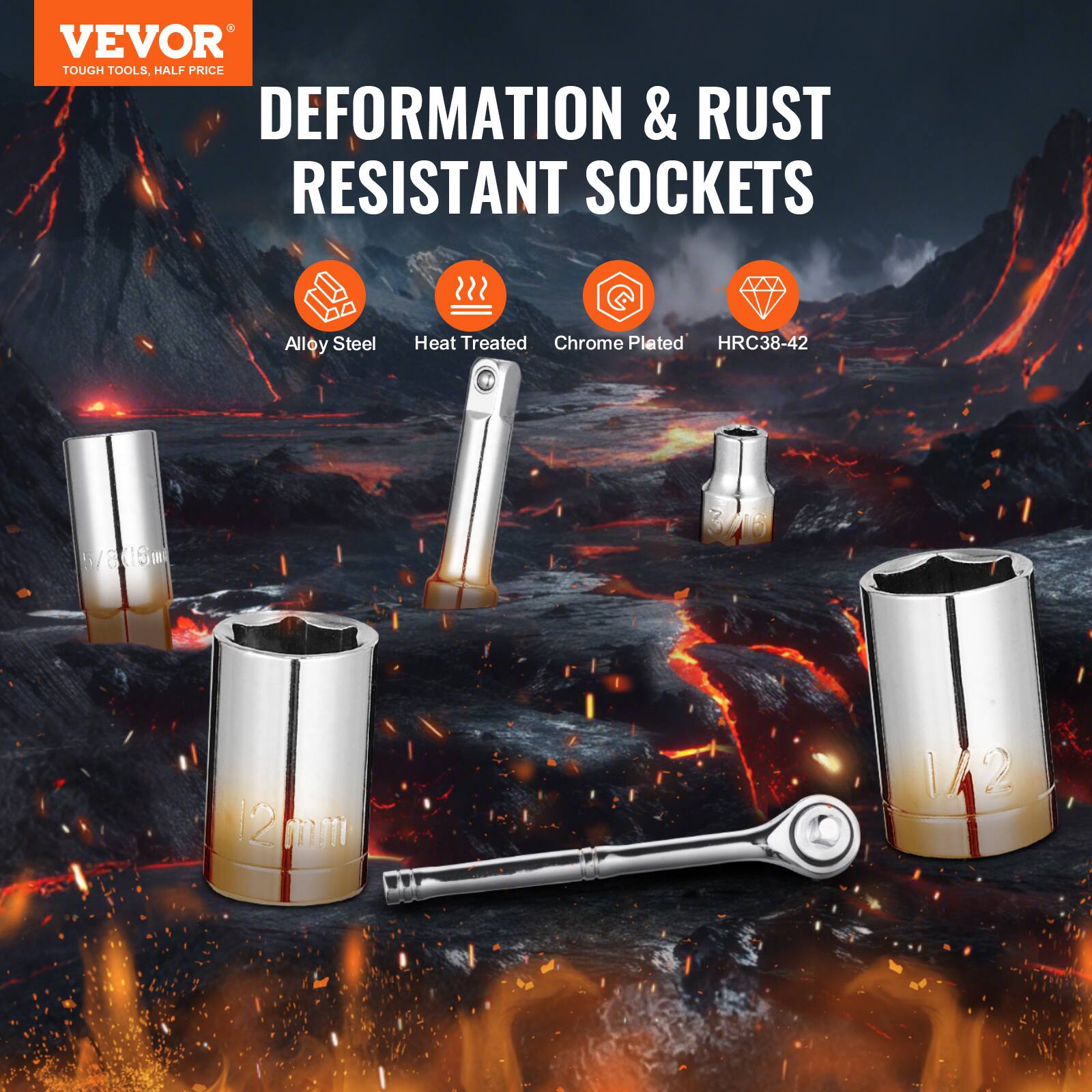VEVOR TOUGH TOOLS, HALF PRICE DEFORMATION & RUST RESISTANT SOCKETS Alloy Steel Heat Treated Chrome Plated HRC38-42 5 15mm 1/2
