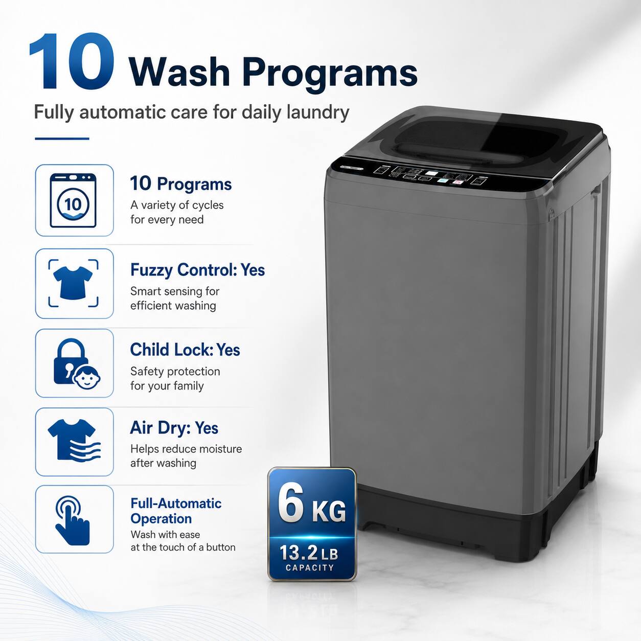 6KG Portable Top Load Washer with Fuzzy Logic, 10 Programs, Drain Pump ...