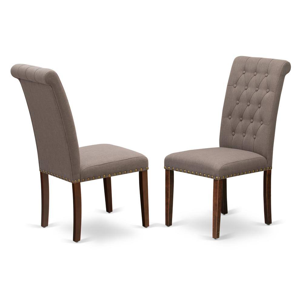 Front. East West Furniture - Bremond Dining Chairs - Dark Coffee Color Linen Fabric, Wooden Mahogany Finish Legs Modern Dining Room Chairs - Set of 2 - Brown.