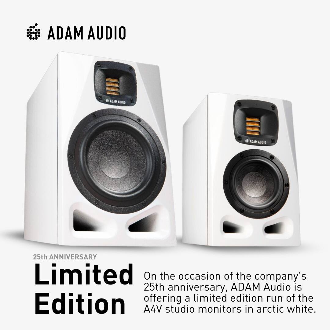 ADAM AUDIO

25th ANNIVERSARY

Limited Edition

On the occasion of the company's 25th anniversary, ADAM Audio is offering a limited edition run of the A4V studio monitors in arctic white.