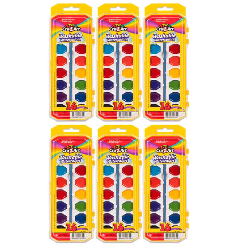 Cra-Z-Art - Washable Watercolors with Brush Peggable Tray 16 Colors Per Set 6 Sets