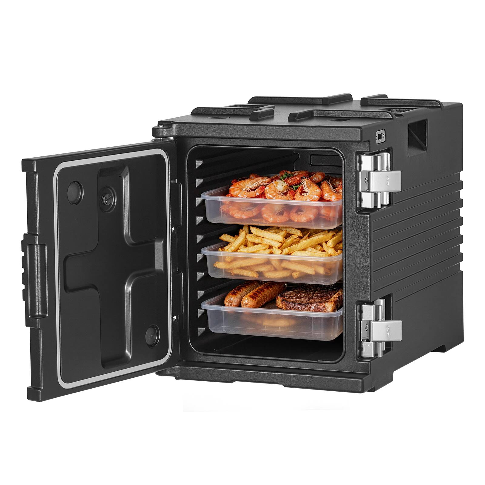 Front. VEVOR - Insulated Food Pan Carrier, 82 Qt Non-Electrical Food Warmer, with Wheel & 304 Stainless Steel Latch, LLDPE Stackable - Black.