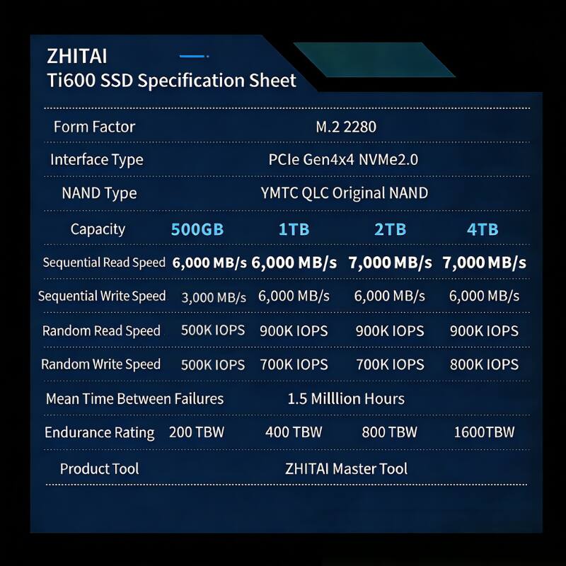 ZHITAI Ti600 SSD Specification Sheet

Form Factor: M.2 2280

Interface Type: PCIe Gen4x4 NVMe2.0

NAND Type: YMTC QLC Original NAND

Capacity: 500GB, 1TB, 2TB, 4TB

Sequential Read Speed: 6,000 MB/s, 6,000 MB/s, 7,000 MB/s, 7,000 MB/s

Sequential Write Speed: 3,000 MB/s, 6,000 MB/s, 6,000 MB/s, 6,000 MB/s

Random Read Speed: 500K IOPS, 900K IOPS, 900K IOPS, 900K IOPS

Random Write Speed: 500K IOPS, 700K IOPS, 700K IOPS, 800K IOPS

Mean Time Between Failures: 1.5 Million Hours

Endurance Rating: 200 TBW, 400 TBW, 800 TB