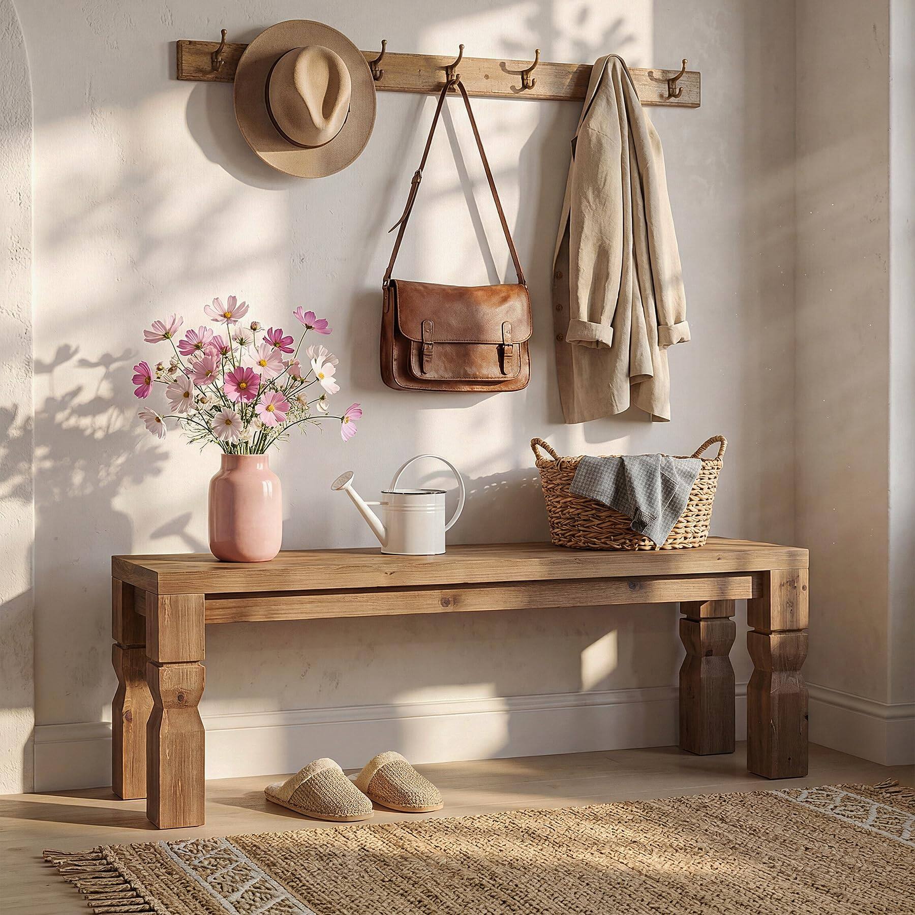 Alt View 3. Tribesigns - LITTLE TREE Solid Wood Bench 55-Inch Long Farmhouse Wooden Bench Seat for Entryway, End of Bed, Dining Room, Living Room - Rustic Brown.