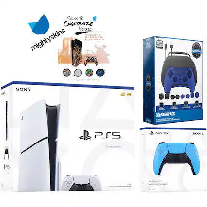 **mighty skins**
**Skins To Customize Your PlayStation 3 Slim Disc Edition**
- One Controller
**MANY DESIGNS TO CHOOSE FROM!**
---
**SONY**
**PlayStation 5**
**4K HDR**
**120 FPS**
---
**PlayStation**
**STARTERPACK**
- 1 x PS5 Controller Accessory Kit
- 1 x PS5 Charging Station for PS5
**DualSense Wireless Controller**
For PS5
---
**SONY**