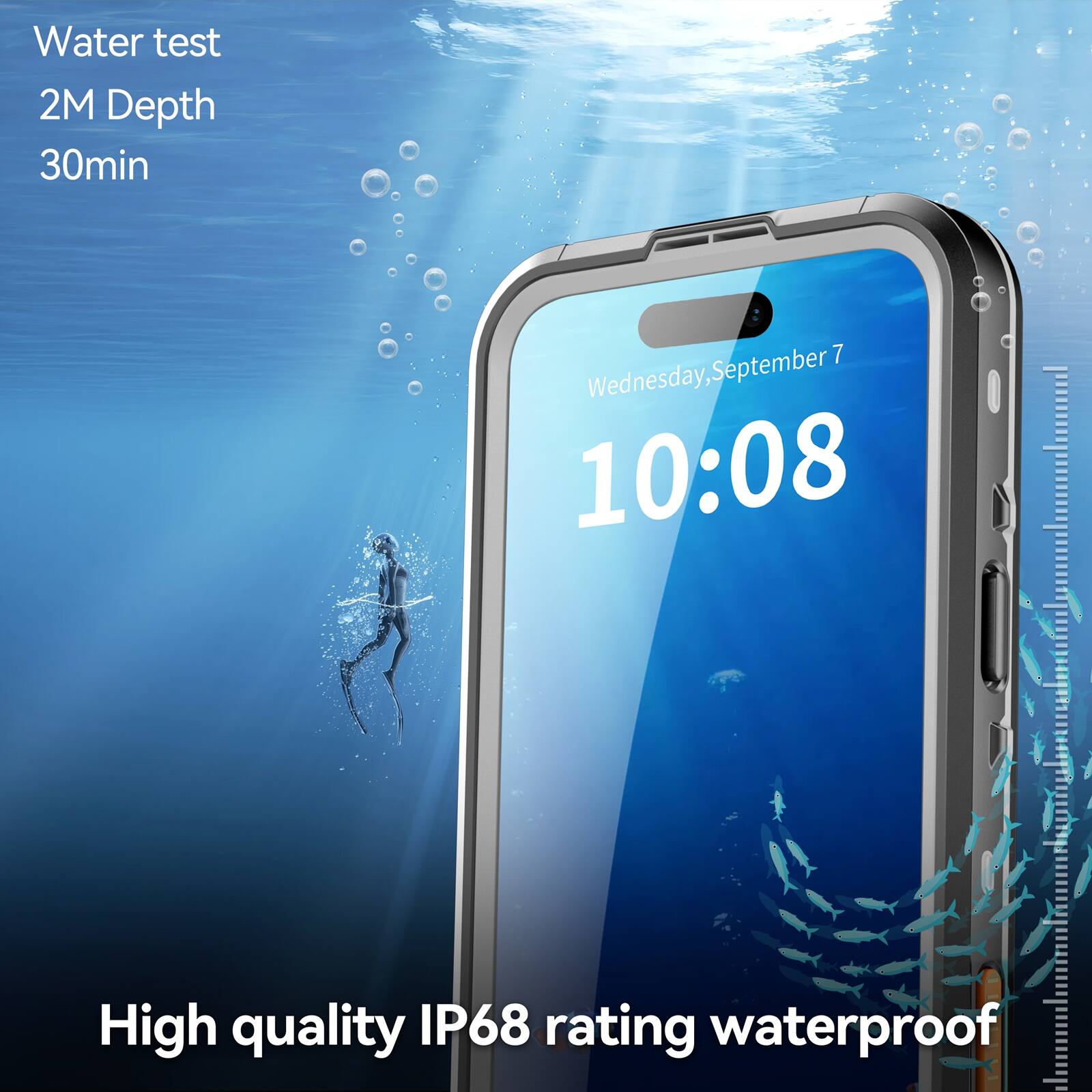 Water test  
2M Depth  
30min  

Wednesday, September 7  
10:08  

High quality IP68 rating waterproof