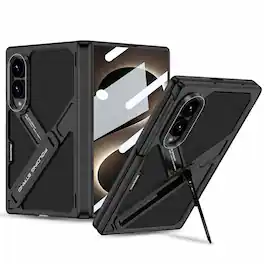 Dteck - Shockproof Leather Texture Case for Samsung Galaxy Z Fold8 with Kickstand, Rigid Plastic Cover Built in Screen Protector - Black