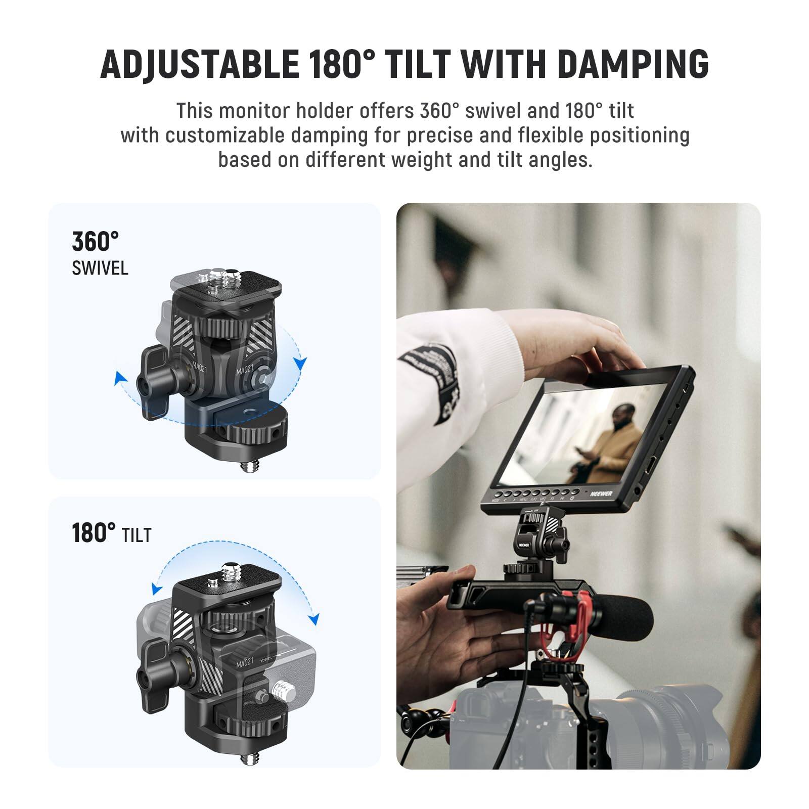 ADJUSTABLE 180° TILT WITH DAMPING

This monitor holder offers 360° swivel and 180° tilt with customizable damping for precise and flexible positioning based on different weight and tilt angles.

360° SWIVEL

180° TILT