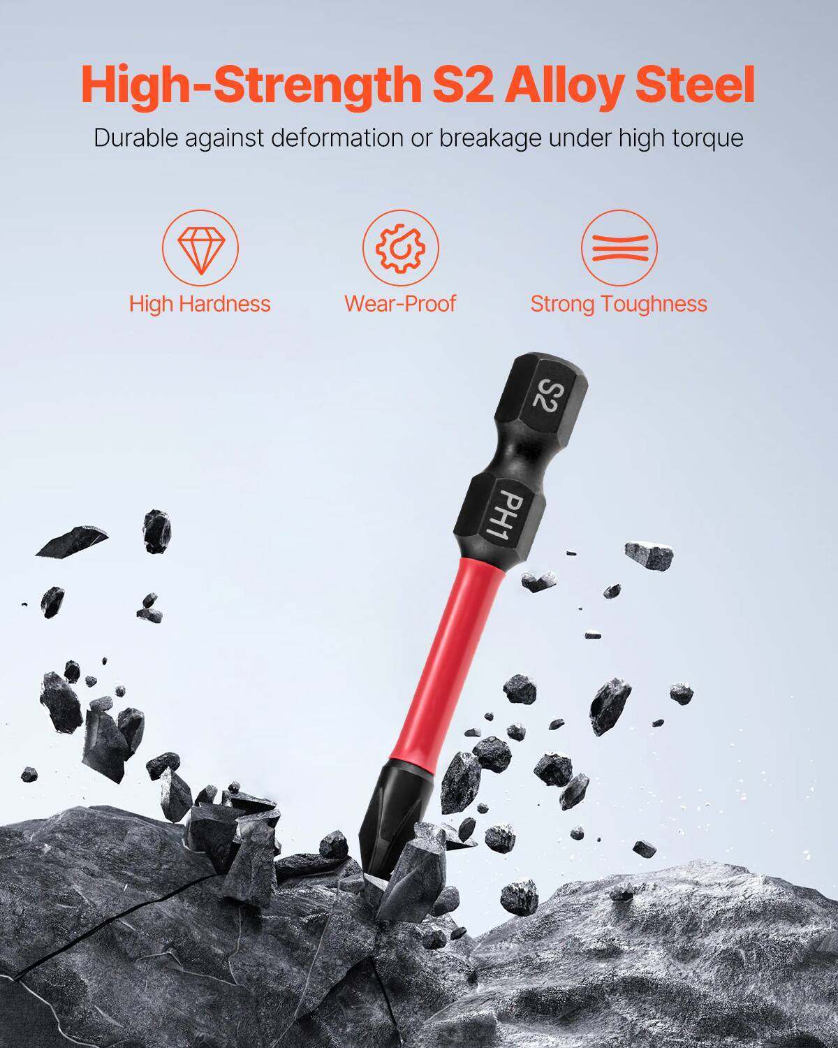 High-Strength S2 Alloy Steel  
Durable against deformation or breakage under high torque  

- High Hardness  
- Wear-Proof  
- Strong Toughness  

S2  
PH1