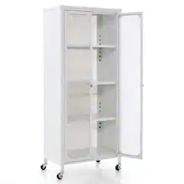 Kadyn - Glass Doors Storage Cabinet with Wheels and Adjustable ShelvesWhite Organizer Hallway Entryway Cabinet for Kitchen - White