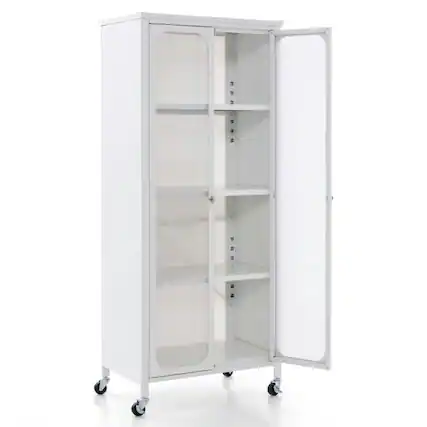 Front. Kadyn - Glass Doors Storage Cabinet with Wheels and Adjustable ShelvesWhite Organizer Hallway Entryway Cabinet for Kitchen - White.