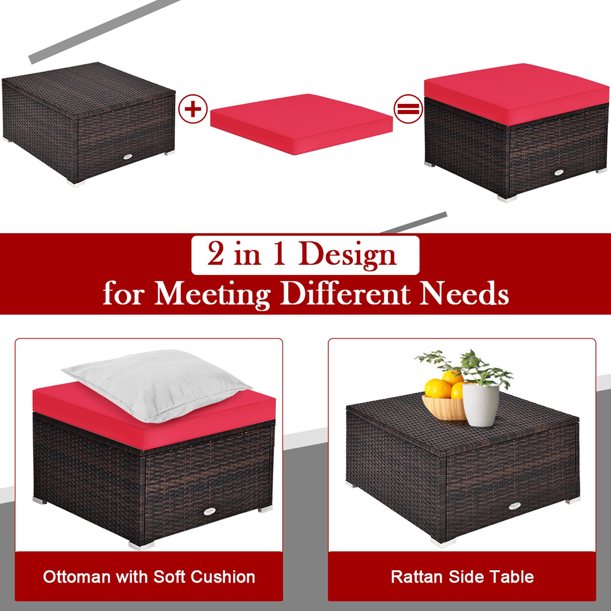 The text on the image is grouped and corrected as follows:

"2 in 1 Design for Meeting Different Needs: Ottoman with Soft Cushion + Rattan Side Table"