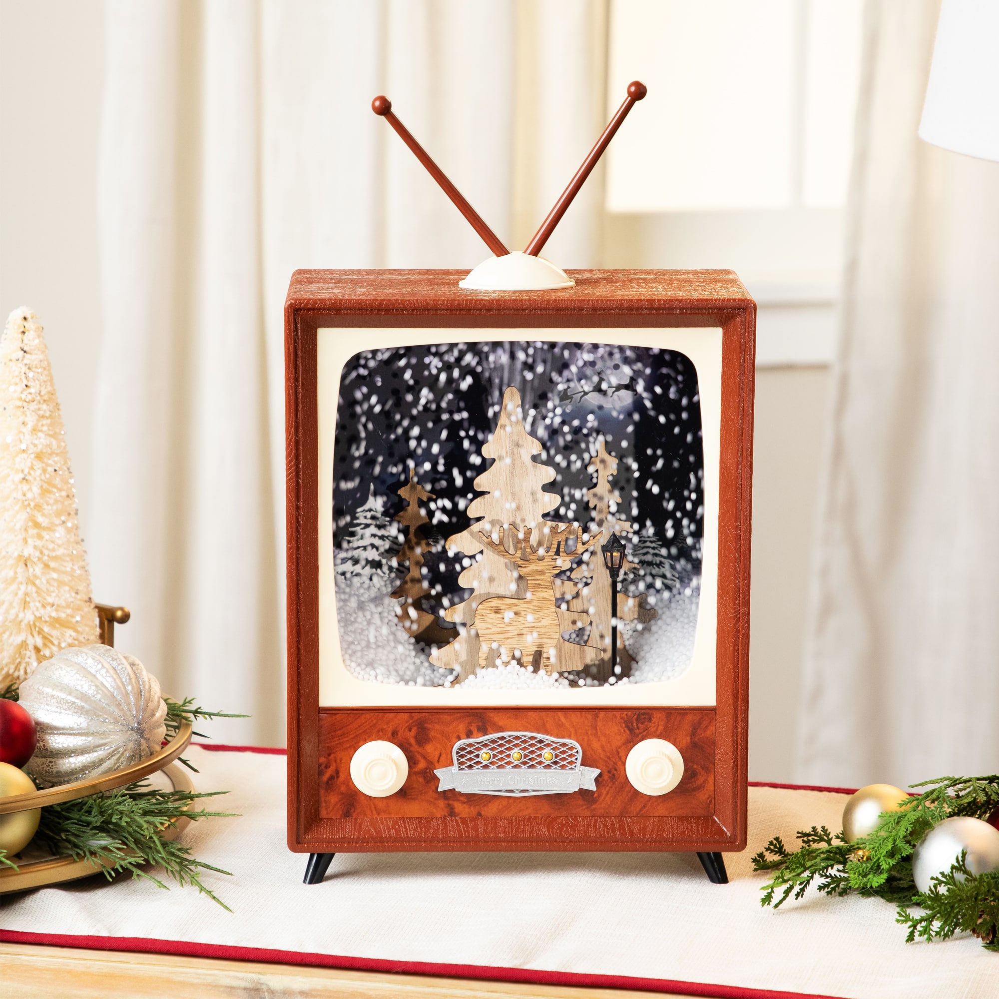 Northlight - LED Lighted Musical Snowing Reindeer TV Set Christmas Decoration - 12" - Brown