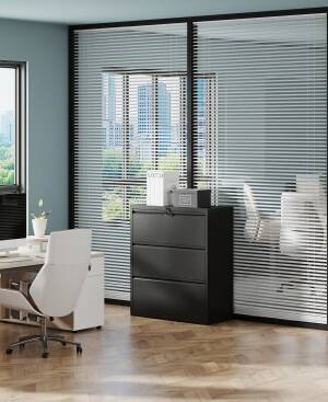 Angle. GOODSILO - 3-Drawer Lateral File Cabinet with Lock - Heavy-Duty Metal Filing Cabinet for Home Office - Black.
